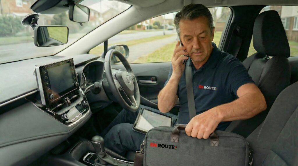 driver in car filled with paper work 5 branded 2